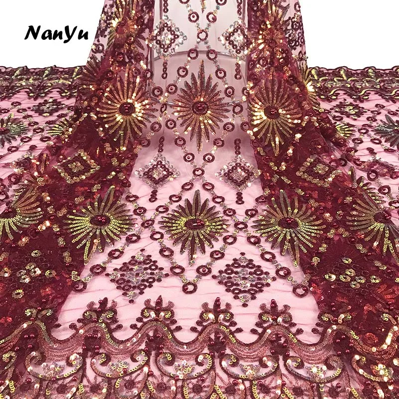 

2019 Hot sell Beades Lace Fabric Afircan Luxury Sequin Embroidered Tulle Net Fabric With Beads For Wedding Party Dress