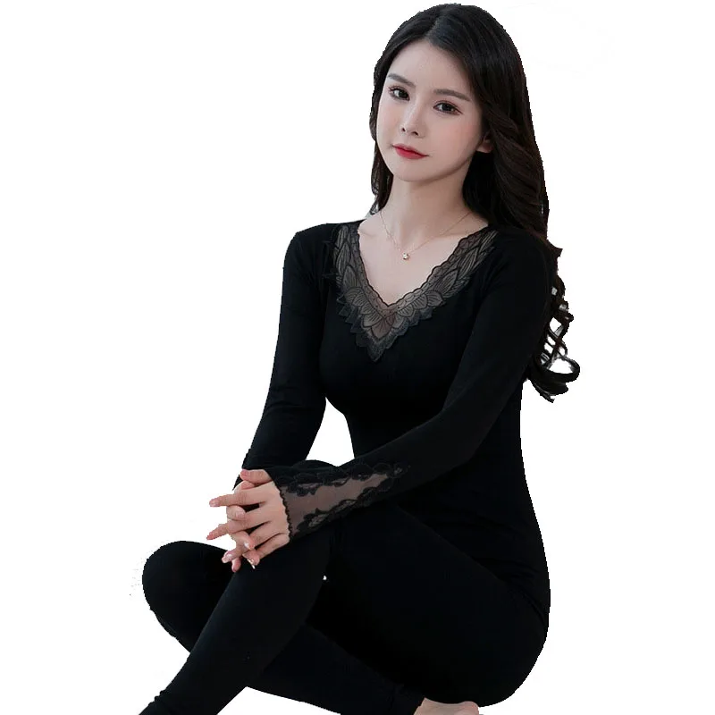 New Autumn Lace Thermal Underwear For Women Elegant V-Neck Slim Sexy Lingerie Set Female Second Skin Winter Clothes Pajamas