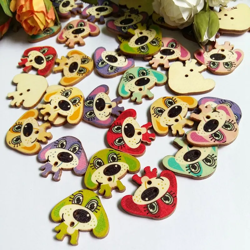 50Pcs/pack dog Buttons 2 Holes Mixed Wood Buttons for Crafts Sewing