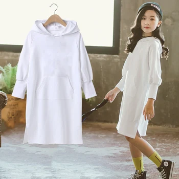 

Fall Hoodies Sweatshirt Dresses for Kids Girls Pure White Long Sleeve Dress Teenage Cotton Clothes 10 12 Years Children Clothing