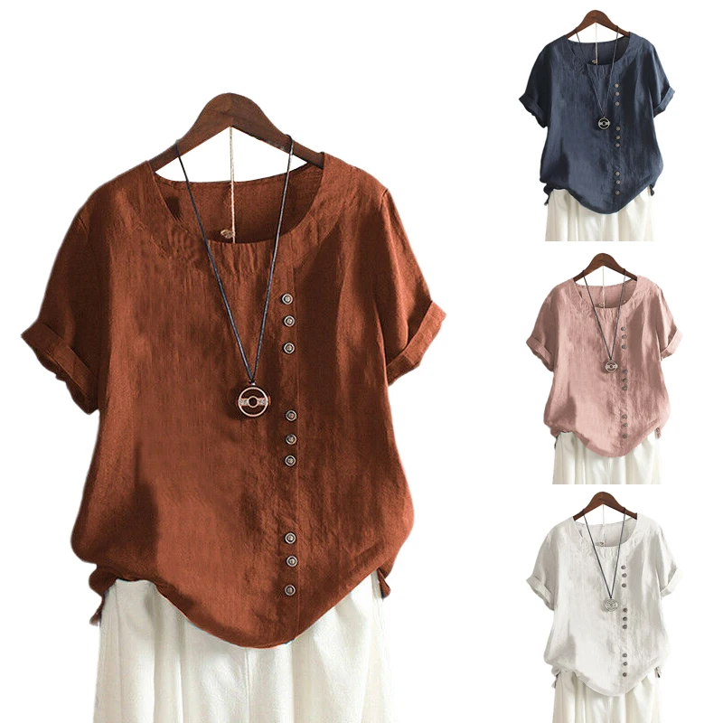 AA Летняя женская хлопковая льняная мешковатая блузка с коротким рукавом