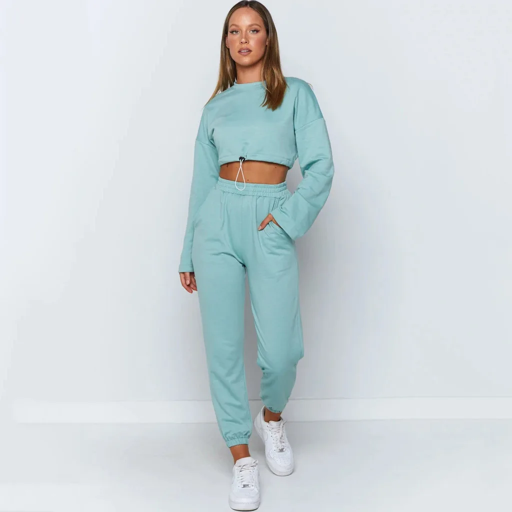 

2020 Autumn Casual Suit for Women Simple Style Solid-color Long Sleeves Crop Tops & Trousers European and American 2 Piece Set