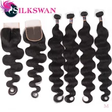 Silkswan бразильские волосы объемная волна 4 пряди с закрытием 4х4 натуральный цвет средний коэффициент remy волосы для женщин