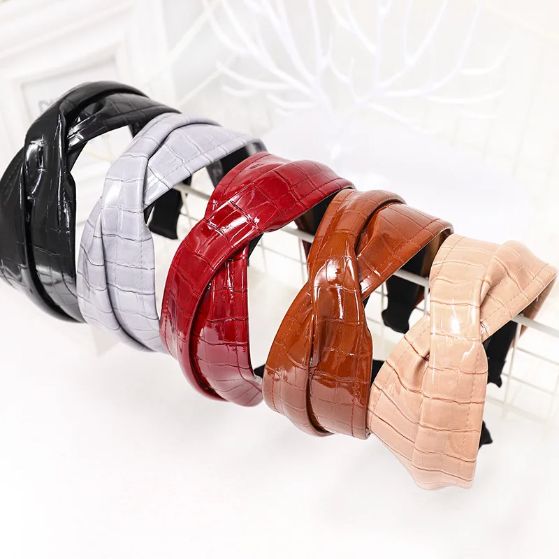 US $139.00 30pcslot DIY Simple Multi Alligator Pattern PU Head Bands Cross Leather Wide HeadBands Hair Styling Tools Accessory HA1555
