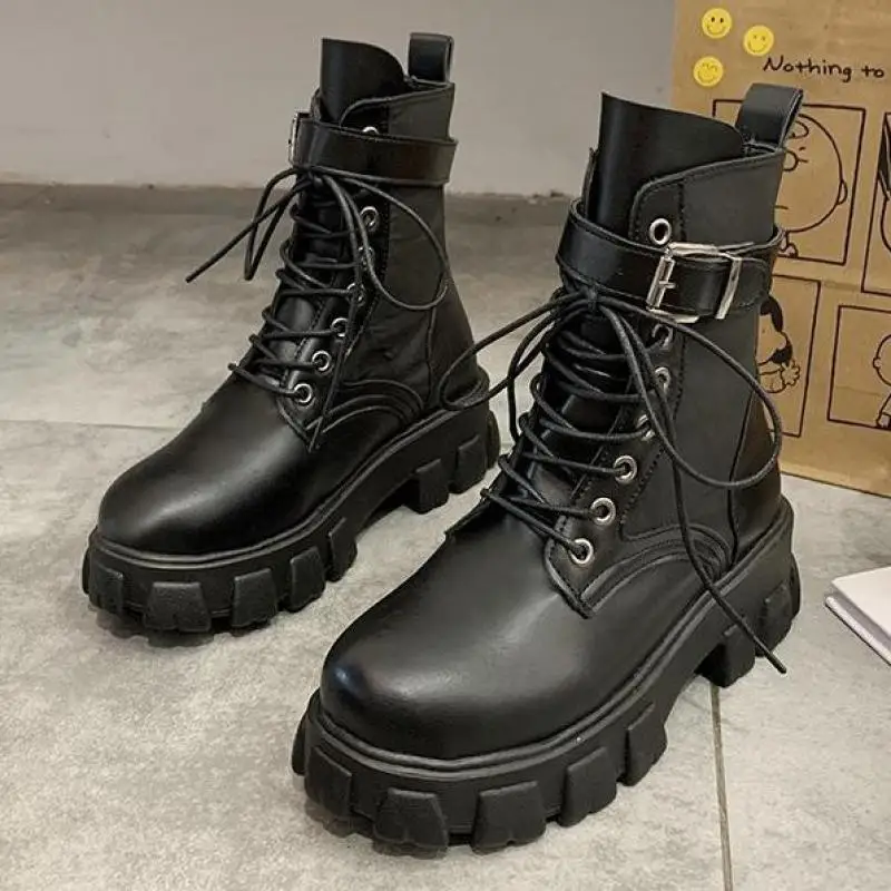 2020 negro plataforma combate botines de mujer de encaje correa de la hebilla zapatos de mujer zapatos de invierno botas de gran tamaño