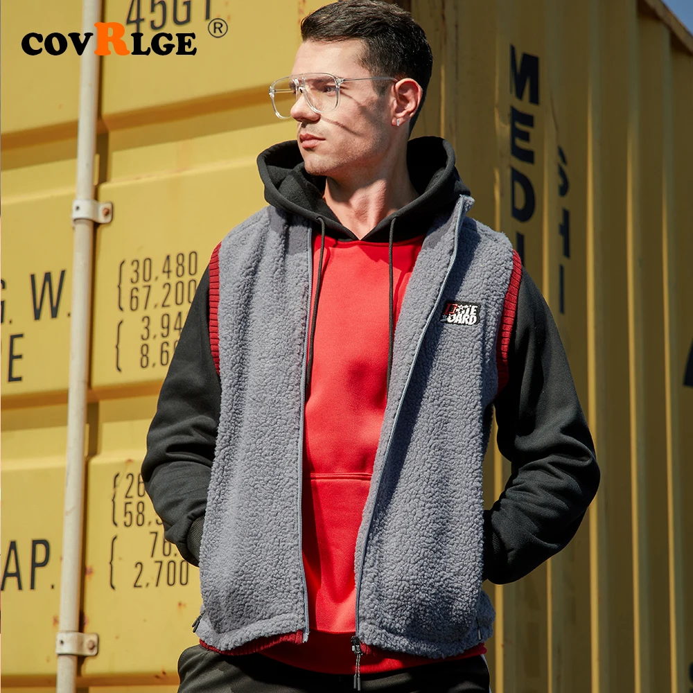 

Covrlge Zipper Pocket Contrast Color Stitching Lamb Velvet Vest Men's Thickened Plus Velvet Warm Coat Couples Streetwear MWB023