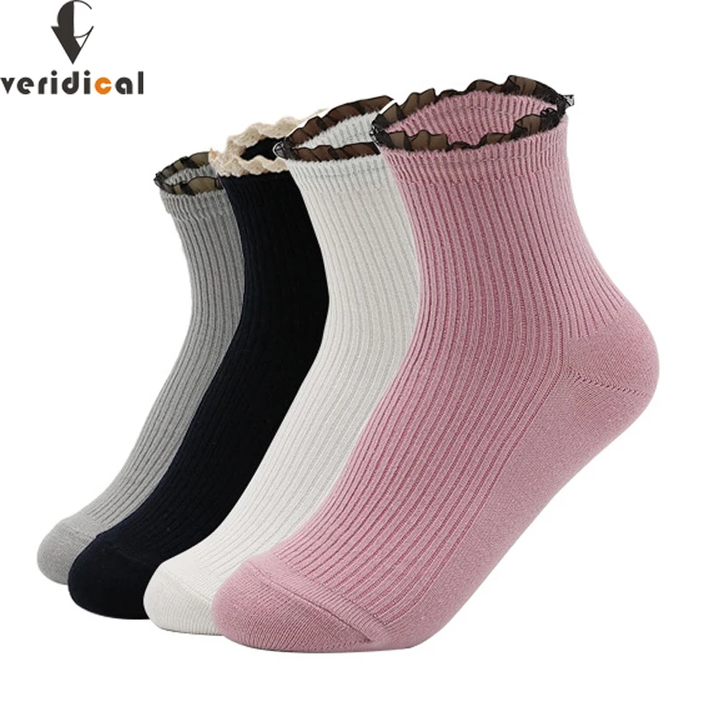 VERIDICAL 5 pairs/lot Japanese style women girl short socks Solid Lace good quality cotton seamless harajuku socks hip hop