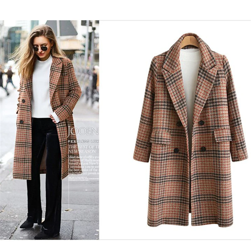 Новая мода Осень Зима Женское клетчатое шерстяное пальто с длинным рукавом и отворотом женское свободное плотное теплое пальто размера плюс CA6517