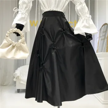 

2020 Spring Woman New Small Bow High Waist Large Swing A-line Skirt Female Slim Black Ankle-length Skirts