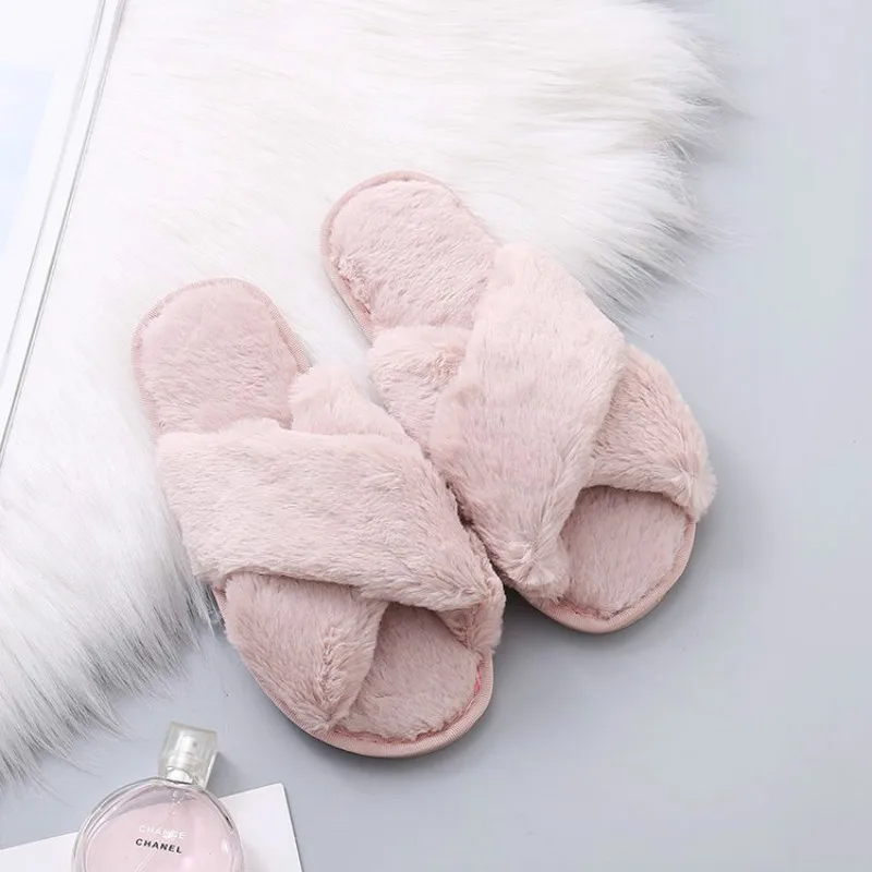 

Winter House Shoes Women Home Slippers Warm Faux Fur Ladies Cross Soft Plush Furry Female Open Toe Slides Fashion Shoes