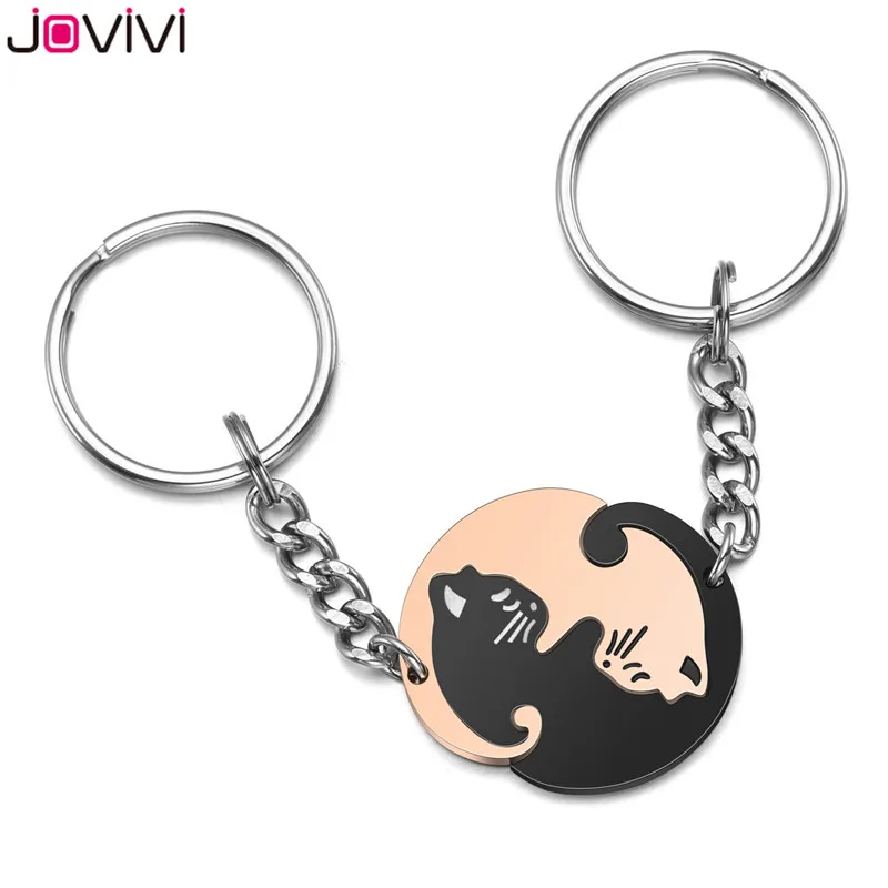 Jovivi, новинка, 2 шт., Инь-Ян, кот, подходящий, милый кот, пазл, брелок для ключей, нержавеющая сталь, брелок для домашних животных, брелок для влюбленных пар