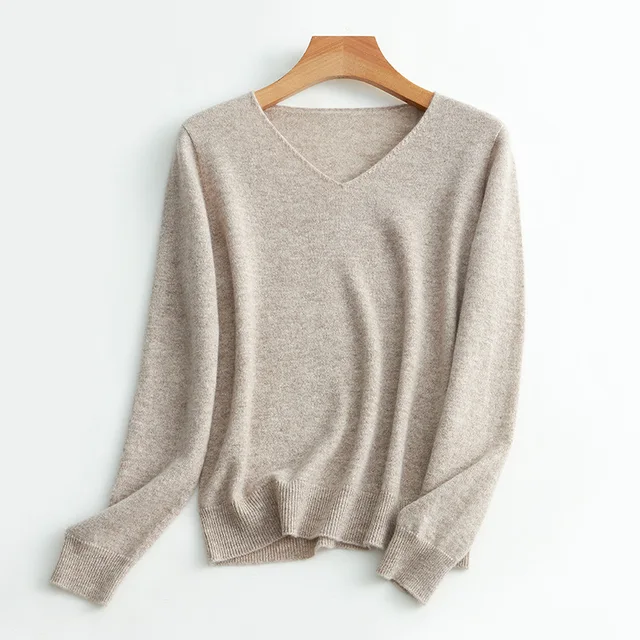 SuyaDream Women Sweaters High Quality 100%Cashmere Basic V neck Pullovers 2021 Fall Winter Simple Chic Knit Wear Khaki