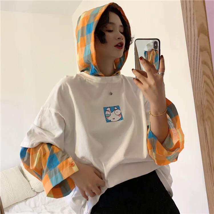 Хипстерские повседневные свободные топы Ulzzang, имитация двух частей, футболки с капюшоном, большие размеры, модные брендовые клетчатые весенние Стильные Bf футболки в стиле хип-хоп, новинка