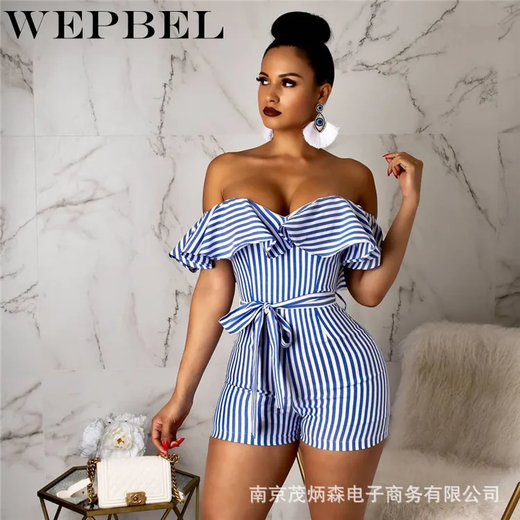 WEPBEL Женский Игровой костюм в полоску, сексуальные оборки, повседневные летние, с открытыми плечами, без рукавов, короткие, модные, новые пояса, женский пляжный костюм