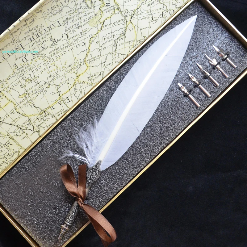 High Quality Retro Carving White Quill Feather Pen Set with 5 Nibs