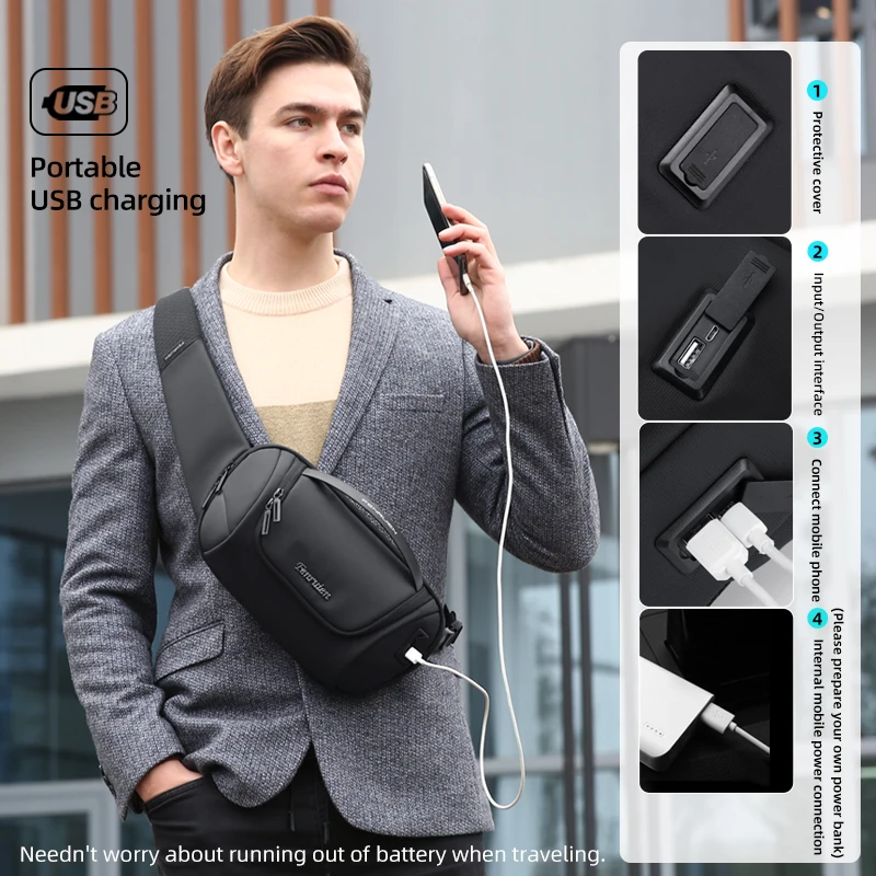 Fenruien Casual Shoulder Bags For Men Waterproof Multifunction Men Crossbody Bag USB Charge Chest Bag Fit 9.7 Inch iPad 2021 New