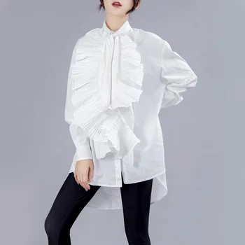 

2019 Autumn Women Irregular Shirt Casual Fashion Pleated Decorative White Blouses Female Clothing