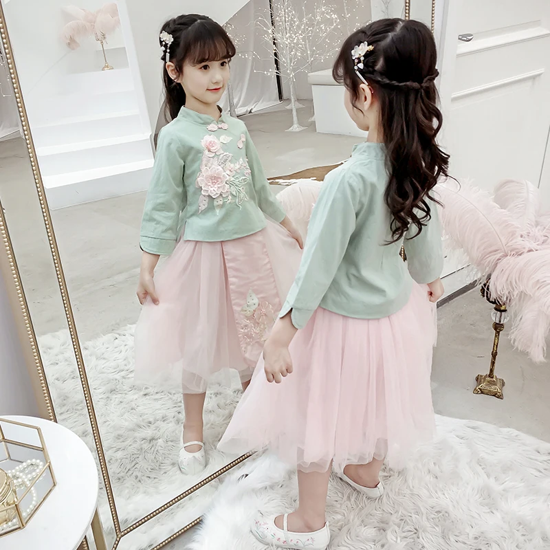 Комплект одежды для маленьких девочек, осенне-весенний топ с цветочным принтом в китайском стиле+ сетчатая юбка, костюм из 2 предметов для маленьких девочек, Детский костюм в стиле Тан для 2, 3, 10 лет