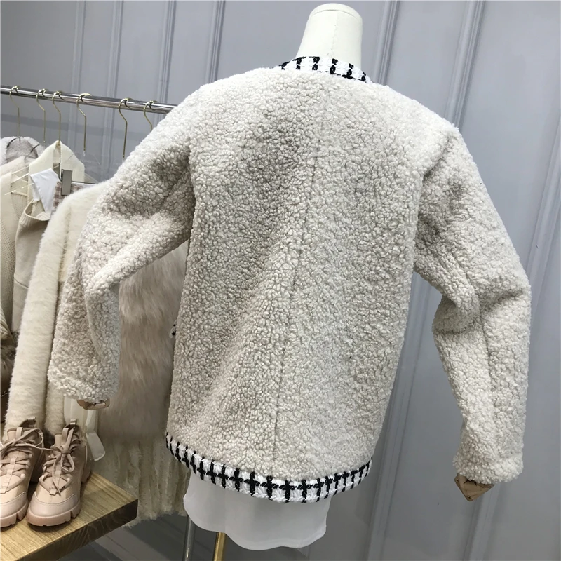 [EWQ] весеннее Новое твидовое клетчатое Женское шерстяное пальто с длинным рукавом в Корейском стиле, Свободное пальто из овечьего меха QZ076