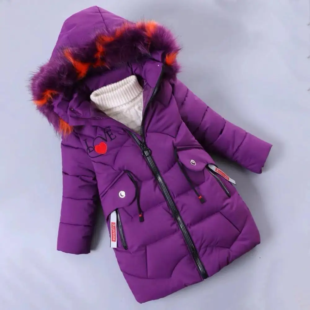 Пуховики для девочек; теплая верхняя одежда для малышей; плотные пальто для мальчиков; ветрозащитные детские зимние куртки; детская зимняя верхняя одежда с героями мультфильмов - Цвет: Love-purple