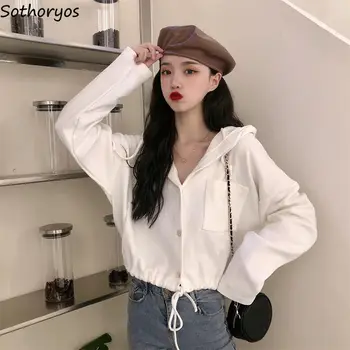 

Jackets Women Short Pleated Hooded Solid Simple Leisure Chic Pocket Korean Style All-match Cozy Thin Single Breasted Outwear