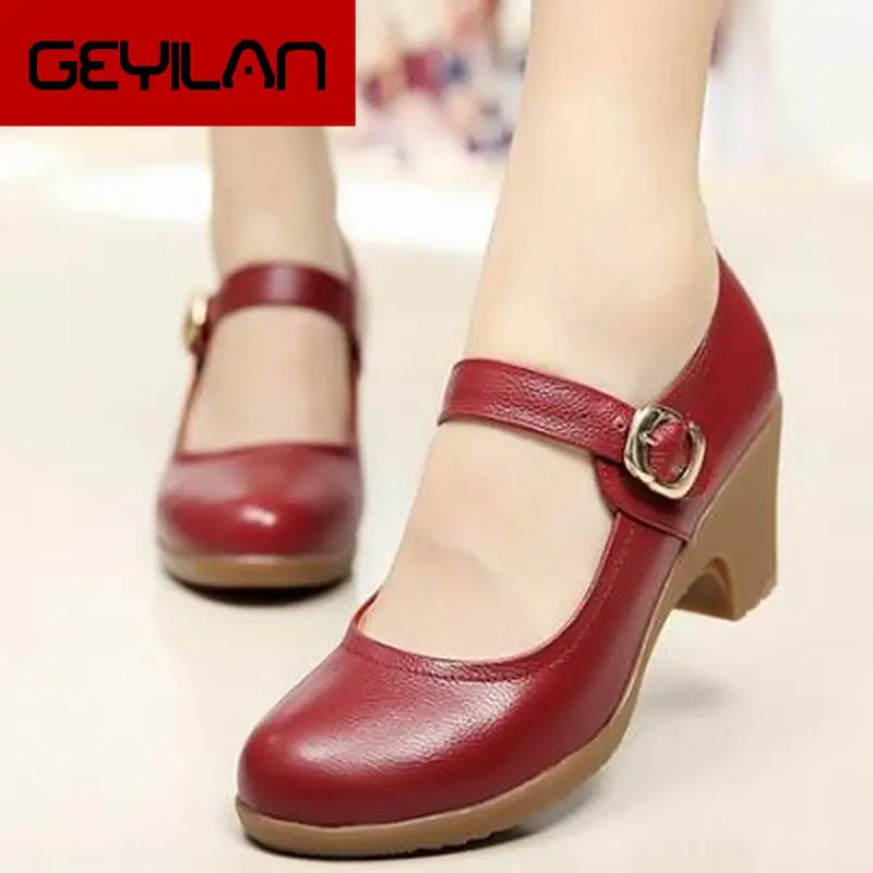 

Summer Autumn Fashion Buckle Strap Design Round Toe Pure Color Pumps Shoes Vintage Genuine Leather Women Pumps Girl Shoes T8350