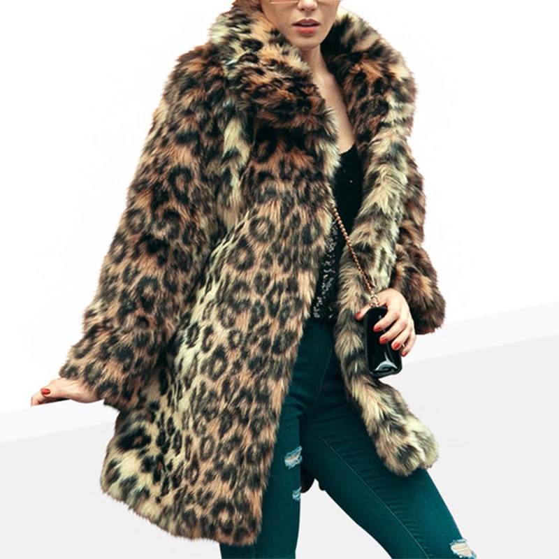 Leopard Большие размеры шикарное женское леопардовое пальто из искусственного меха зимняя Толстая теплая верхняя одежда с длинными рукавами тонкая меховая шуба элегантный Тренч - Цвет: Leopard