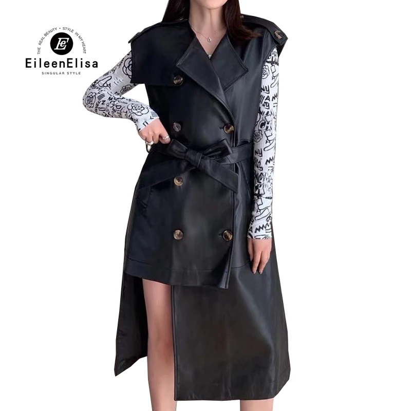 

Fashion Leather Dress Women Autumn Double Breasted Genuine Leather Dress Female Sleeveless Dress