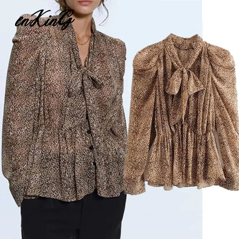 

2019 england vintage elegant cascading bow Leopard Print za shirt women blusas mujer de moda 2019 tshirt womens tops plus size