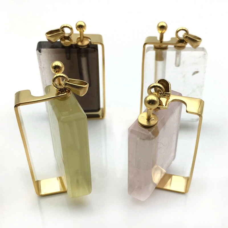 Natural Gemstone Rectangle Perfume Bottle Crystal Rose Quartz Vial Amethysts Essential Oils Diffuser Swing Clear Quartz Necklace 5