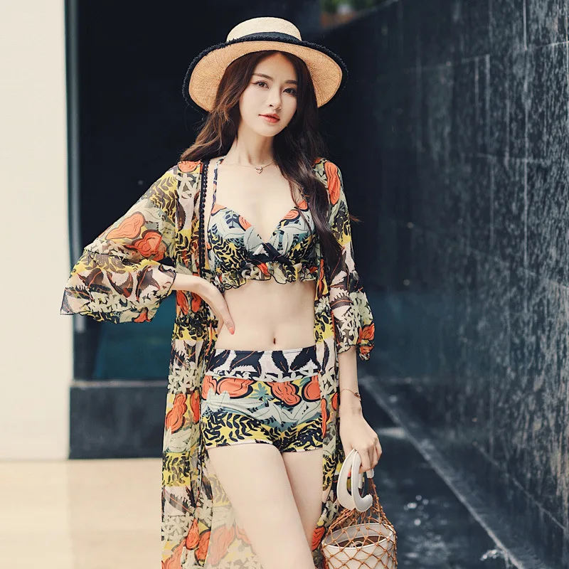 

Bathing Suit New Style Printed Three-piece Set Underwire Push up Split Type Boxer Bikini Long Sleeve Long Conservative Sun-resis