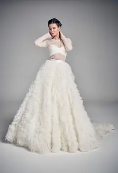 

White Long Sleeve dress Sexy Lace Cascading Rulled Ball Gown Long Dress Elegant Bride Dance dresses woman party night 2020 new