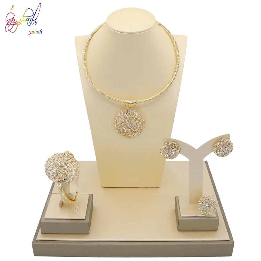 Yulaili Jewelry Sets For Women Evening Party Rhinestone Crystal Hollow Out Necklace Earring Bracelet Ring Jewelry Accessories