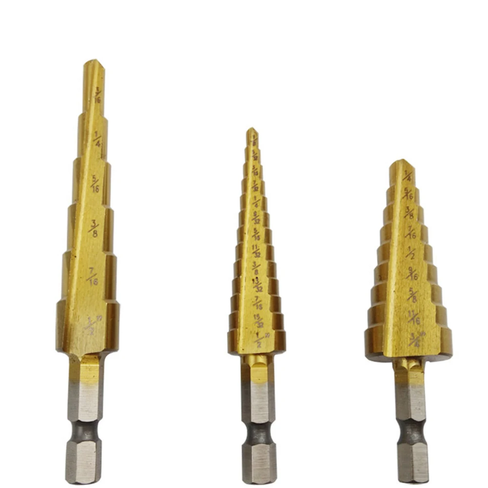

3/16-1/2'' 1/4-3/4'' 1/8-1/2'' Triangle Handle Directly Groove Ladder Drill Suit 3pcs High Speed Steel Step Cone Drill Bit Set