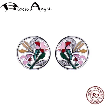 

New Flower Branch Handmade Enamel Stud Earrings Authentic 925 Sterling Silver Fine Jewelry Round CZ Plant Earrings For Women