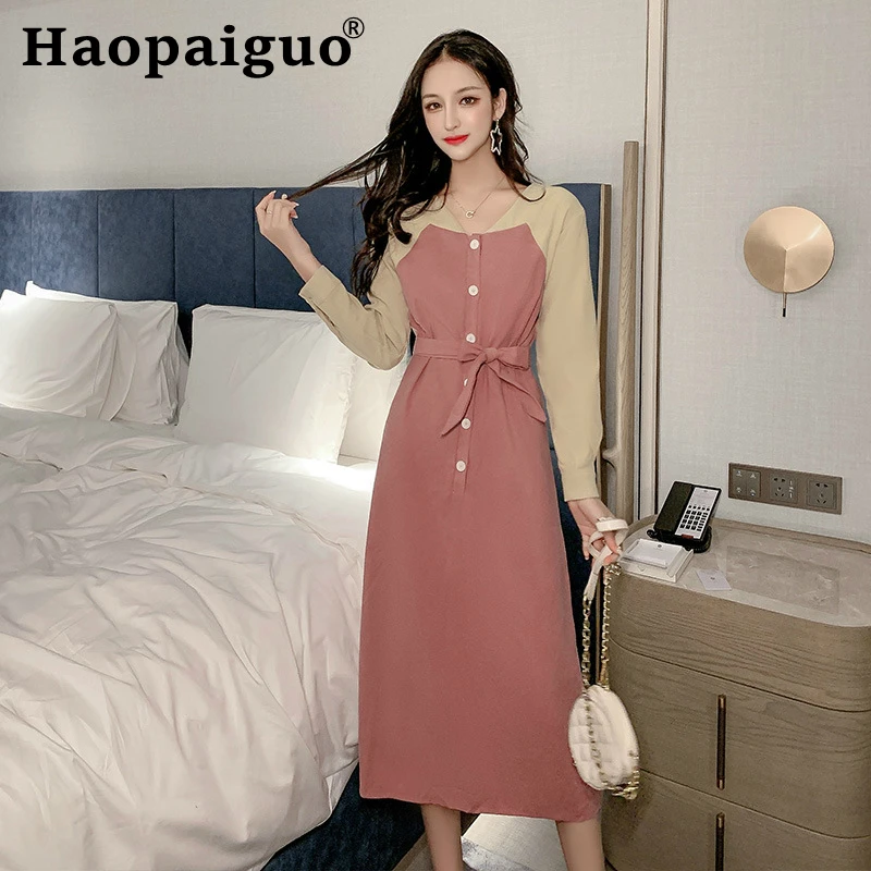 Женское Повседневное платье-миди с длинным рукавом контрастное облегающее