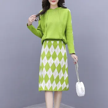 

New 2020 Women Autumn Winter Two Piece Sets Geometry Hoodies Long Sleeve Knitted Sweater + Bodycon Midi Skirt Suit Female