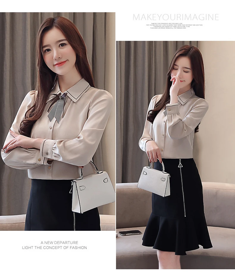 Autumn Korean Fashion Chiffon Women Shirts Bow Long Sleeve White Womens Tops and Blouses Plus Size XXL Blusas Femininas Elegante