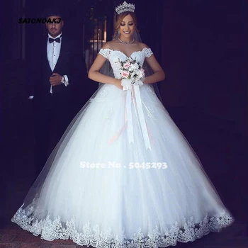 

White Wedding Dresses 2020 for Women Lace Appliques Ball Gown Cheap Off The Shoulder Short Sleeves Bridal Vestido De Novia India