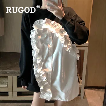 

RUGOD New Korean Style Ruffle Contrast Color O-neck Loose Simplee Elegant Sweater Dress Ladies Winter Tops For Women