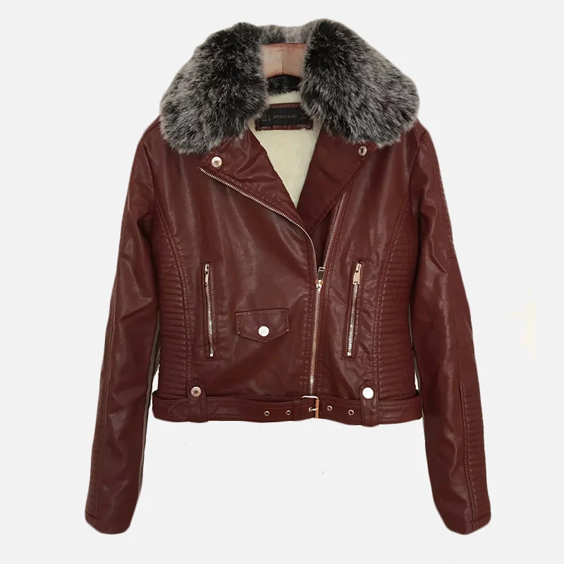 Женская зимняя кожаная куртка из искусственной кожи с меховым воротником, бархатная теплая Женская короткая куртка с длинным рукавом, осень, повседневные женские пальто - Цвет: Бургундия