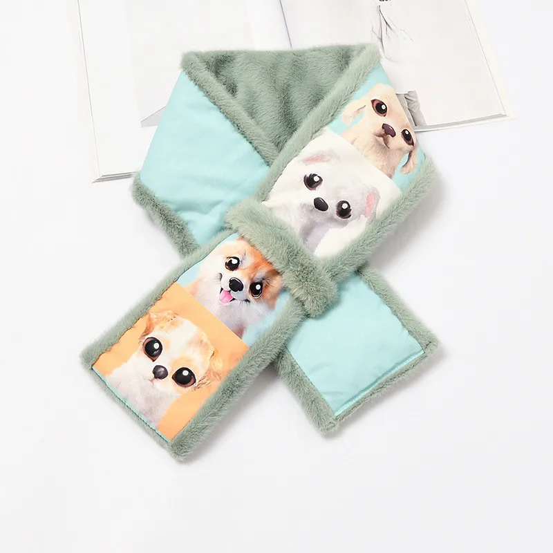 Cartoon Animal Print Scarf Women Sweet Splicing Color Faux Fur Plush Cross Thick Scarf Girls Elegant Fluffy Winter Warm Scarves - Цвет: 4