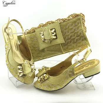 

Gold Wedding African Women's Medium Heel Shoes With Handbag Set With Rhinestones MM1112 Heel Height 3.8CM