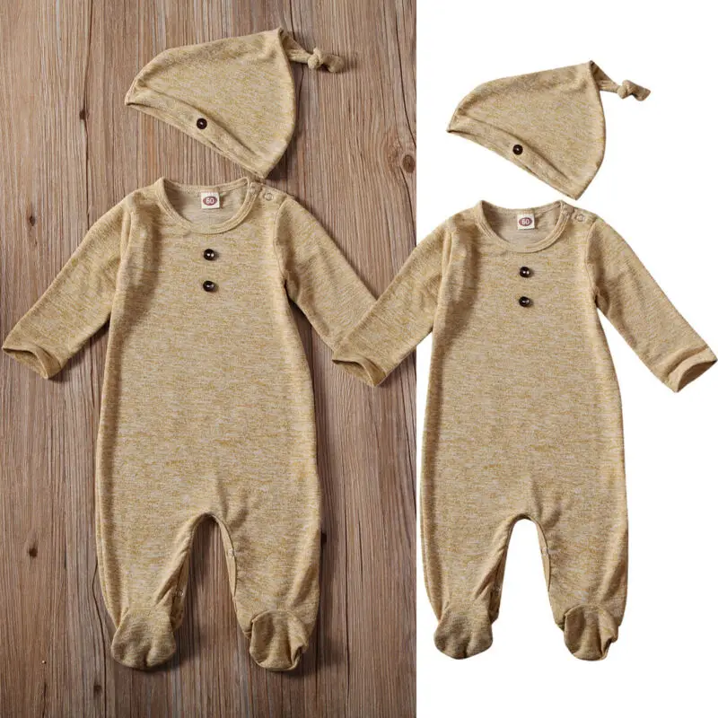 Newborn Infant Baby Boy Girl Footies Long Sleeve Button Jumpsuit With Hat Casual Kids Cotton Outfit Set