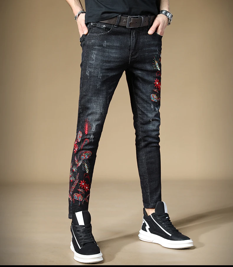 Новинка, мужские черные джинсы с вышивкой, 98% хлопок, узкие брюки, Классический китайский стиль, джинсовые брюки с вышивкой