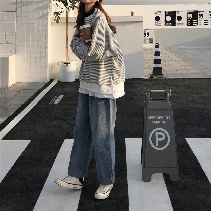  Hoodies Women Stripe Simple Ulzzang Loose Large Size Sweatshirt Korean Style Thin All-match Student