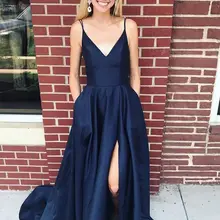 Темно-синие вечерние платья с разрезом, длинные женские платья для выпускного вечера, атласные вечерние платья на тонких бретелях с v-образным вырезом для девушек, vestido de festa