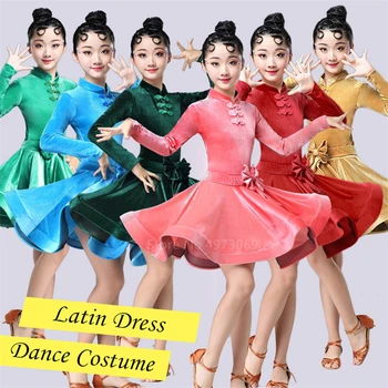 

Girls Velvet Latin Dance Dress Full Sleeve Kids Stage Performance Costume Teenager Autumn Winter Ballroom Tango Vestidos Women