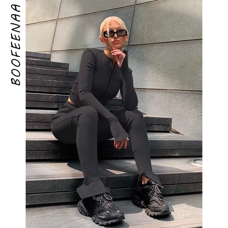 BOOFEENAA Trendy Zip Pocket Sporty Black Long Sleeve Two Piece Pants Set Women Fall Clothes 2020 Sexy Bodycon Tracksuit C66-DZ36 |
