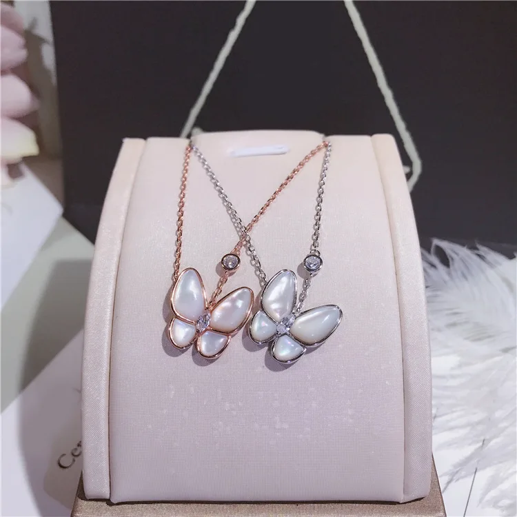 2 Colors High Quality Women Jewelry Natural Shell With Zircon Butterfly Pendant Real 925 Sterling Silver Necklace